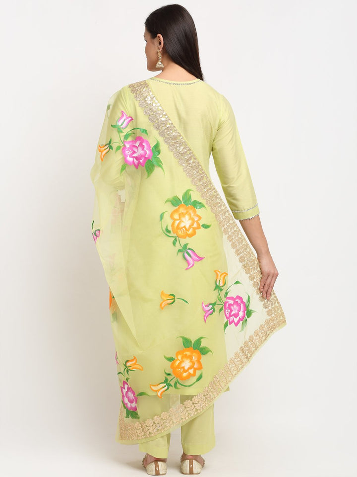 anokherang Combos Lime Green Gotta Straight Kurti with Straight Pants with Hand Painted Organza Dupatta