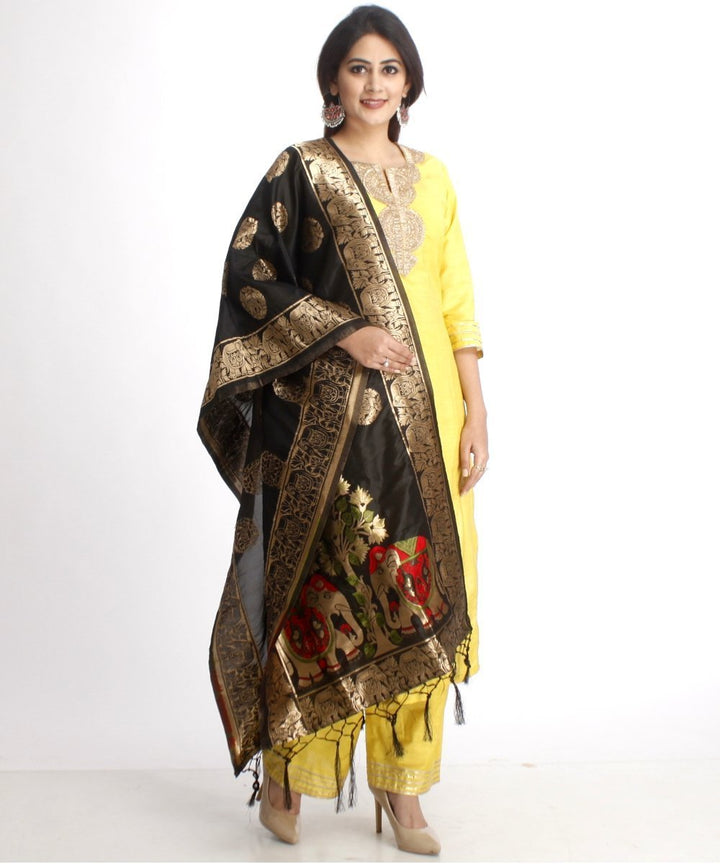 anokherang Combos Lime Green Gotta Work Straight Kurti with Straight Palazzos and Black Banarsi Elephant Stole