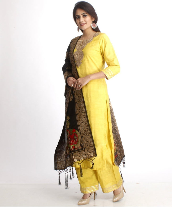 anokherang Combos Lime Green Gotta Work Straight Kurti with Straight Palazzos and Black Banarsi Elephant Stole