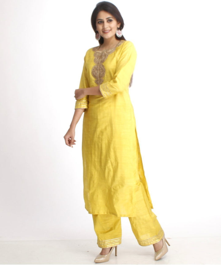 anokherang Combos Lime Green Gotta Work Straight Kurti with Straight Palazzos and Black Banarsi Elephant Stole