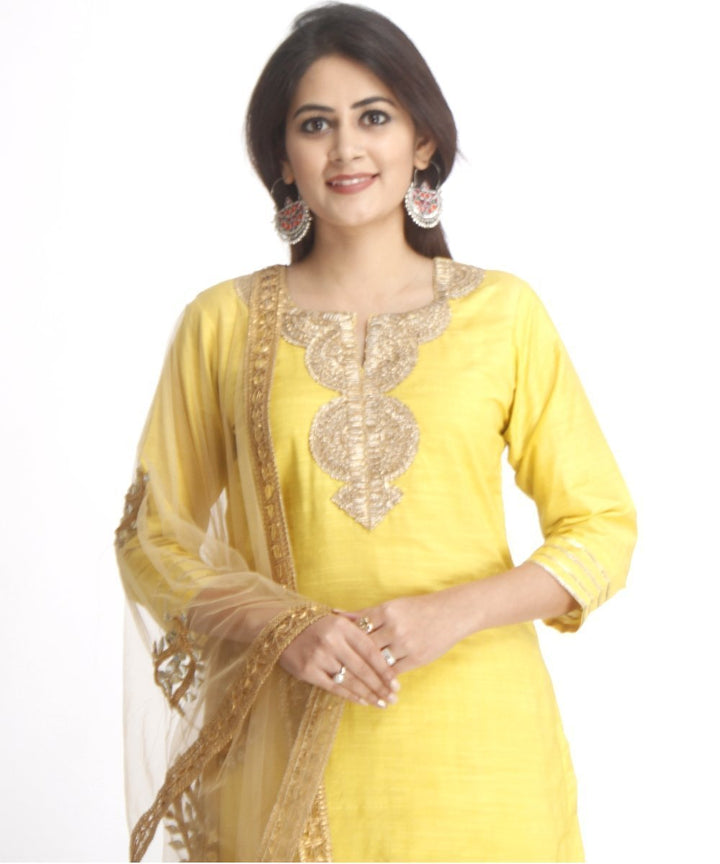 anokherang Combos Lime Green Gotta Work Straight Kurti with Straight Palazzos and Net Mirror Paisley Embroidered Dupatta