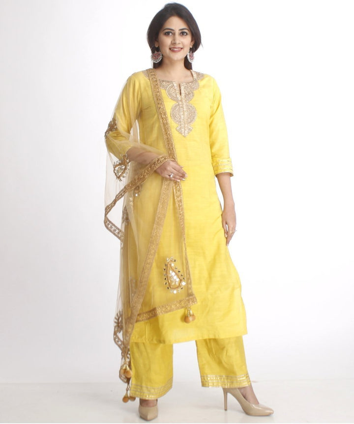 anokherang Combos Lime Green Gotta Work Straight Kurti with Straight Palazzos and Net Mirror Paisley Embroidered Dupatta