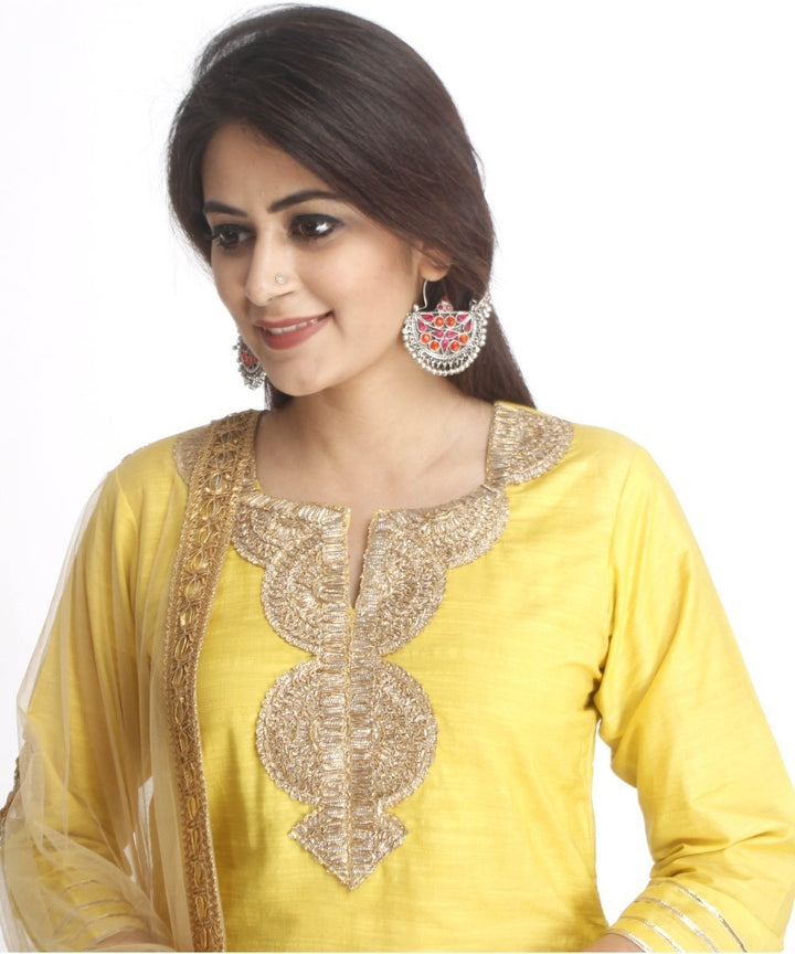 anokherang Combos Lime Green Gotta Work Straight Kurti with Straight Palazzos and Net Mirror Paisley Embroidered Dupatta