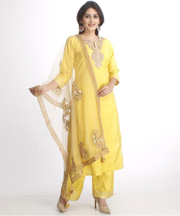 anokherang Combos Lime Green Gotta Work Straight Kurti with Straight Palazzos and Net Mirror Paisley Embroidered Dupatta