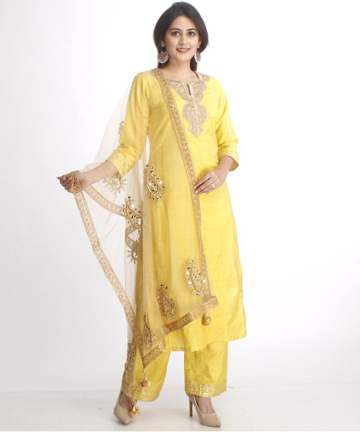 anokherang Combos Lime Green Gotta Work Straight Kurti with Straight Palazzos and Net Mirror Paisley Embroidered Dupatta
