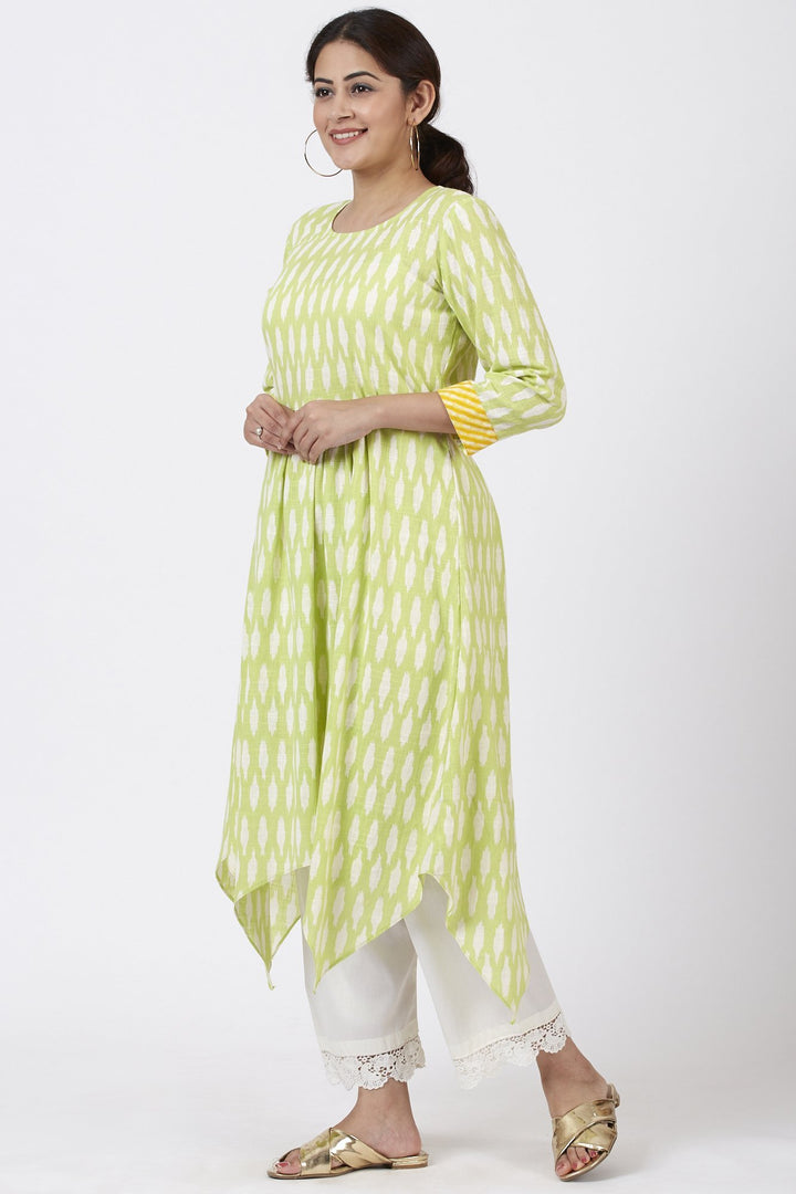 anokherang Combos Lime Green Ikkat Printed Handkerchief Kurti with Crochet Pants