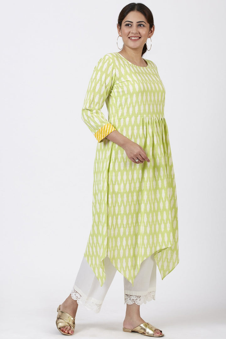 anokherang Combos Lime Green Ikkat Printed Handkerchief Kurti with Crochet Pants