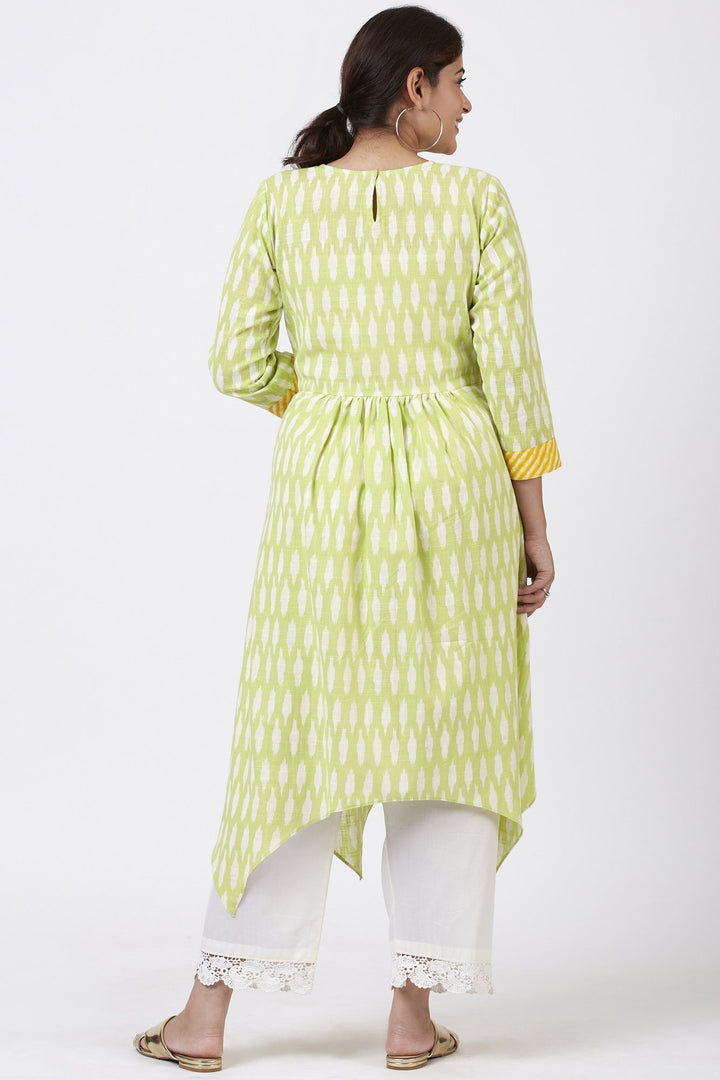 anokherang Combos Lime Green Ikkat Printed Handkerchief Kurti with Crochet Pants