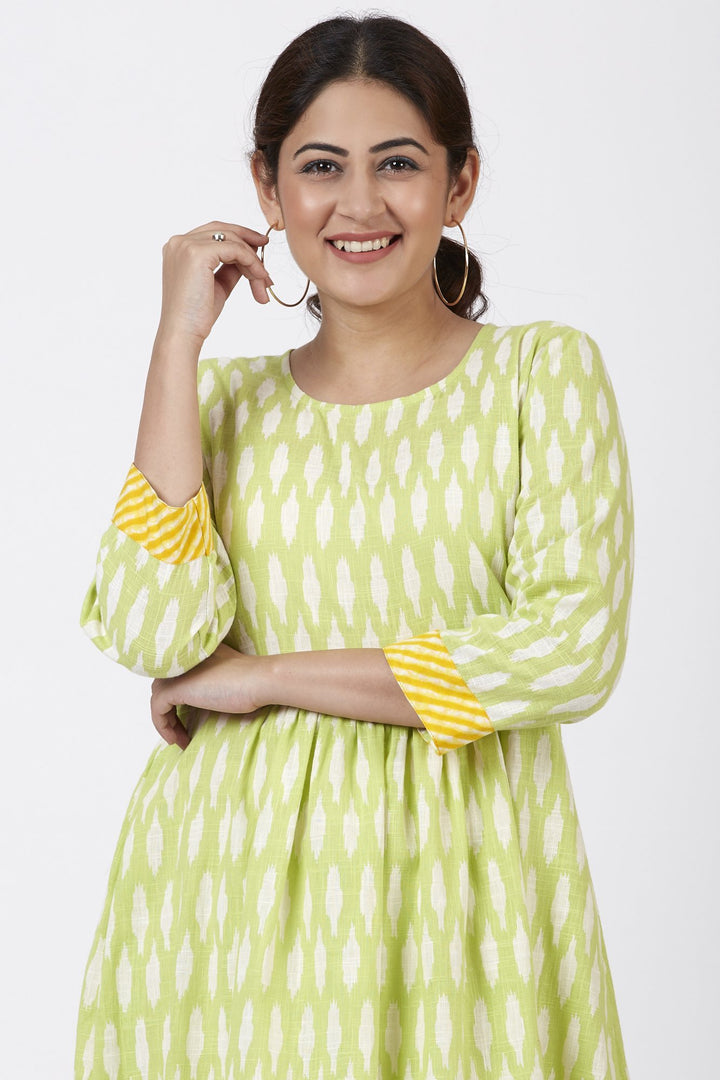 anokherang Combos Lime Green Ikkat Printed Handkerchief Kurti with Crochet Pants