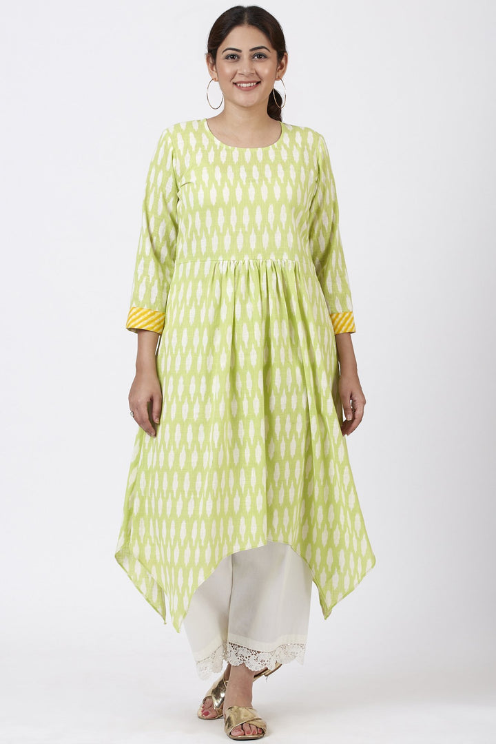 anokherang Combos Lime Green Ikkat Printed Handkerchief Kurti with Crochet Pants