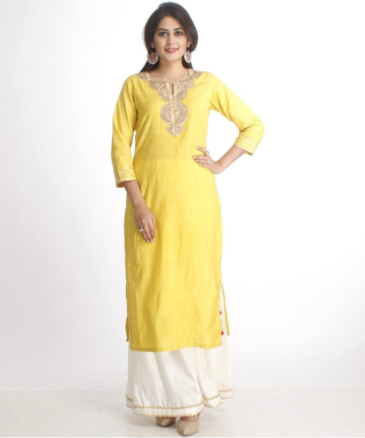 anokherang Combos Lime Green Straight Kurti with Off-White Palazzos and Off-White Net Sequenced Dupatta