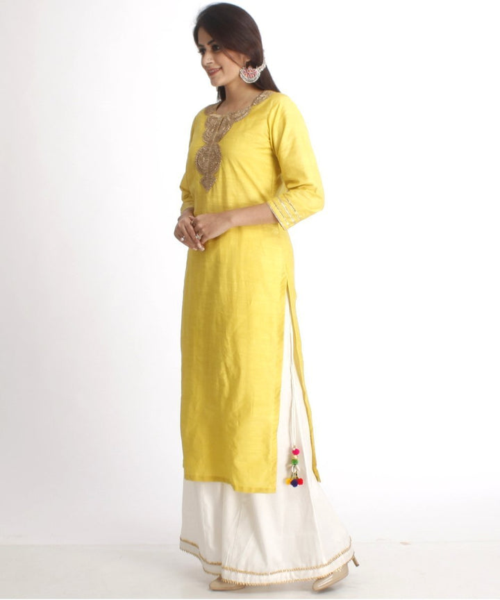 anokherang Combos Lime Green Straight Kurti with Off-White Palazzos and Off-White Net Sequenced Dupatta