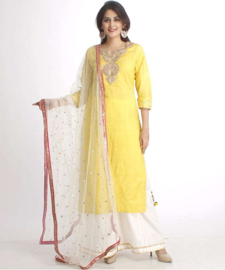 anokherang Combos Lime Green Straight Kurti with Off-White Palazzos and Off-White Net Sequenced Dupatta