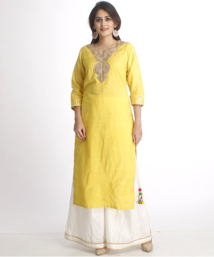 anokherang Combos Lime Green Straight Kurti with Off-White Palazzos and Off-White Net Sequenced Dupatta