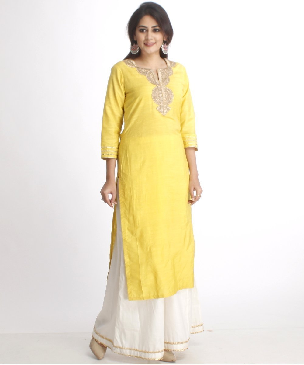 Lime Green Straight Kurti with Off-White Palazzos and Off-White Net Se ...