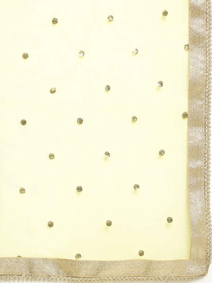 anokherang Combos Lime Yellow Gotta Embroidered Kurti with Pants and Net Sequins Dupatta