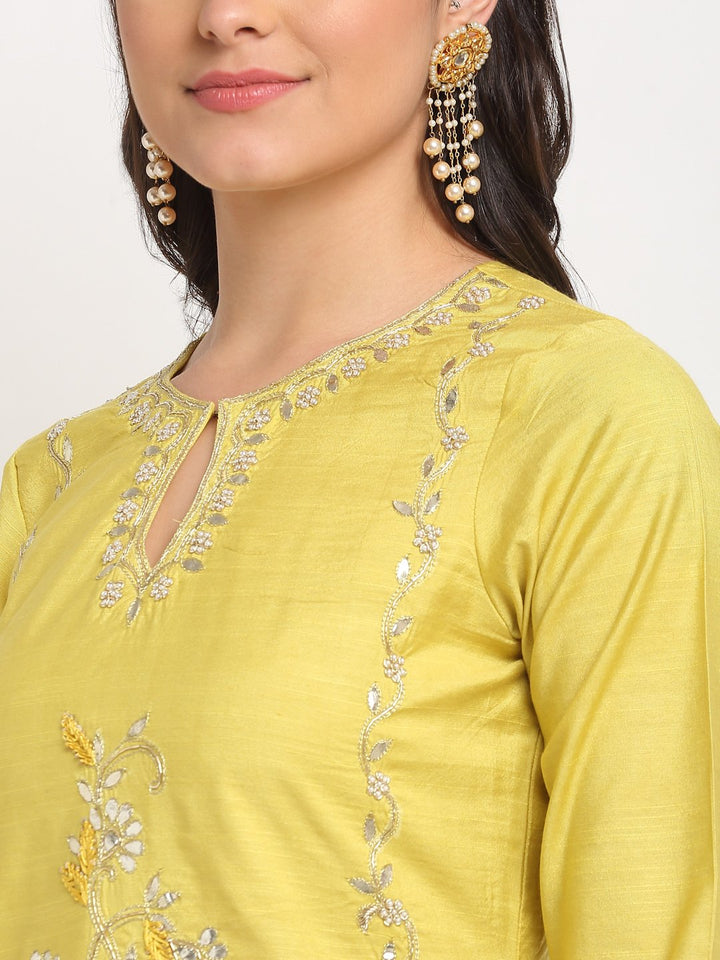 anokherang Combos Lime Yellow Gotta Embroidered Kurti with Pants and Net Sequins Dupatta