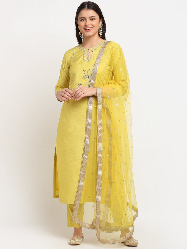 anokherang Combos Lime Yellow Gotta Embroidered Kurti with Pants and Net Sequins Dupatta