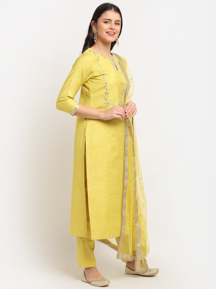 anokherang Combos Lime Yellow Gotta Embroidered Kurti with Pants and Net Sequins Dupatta