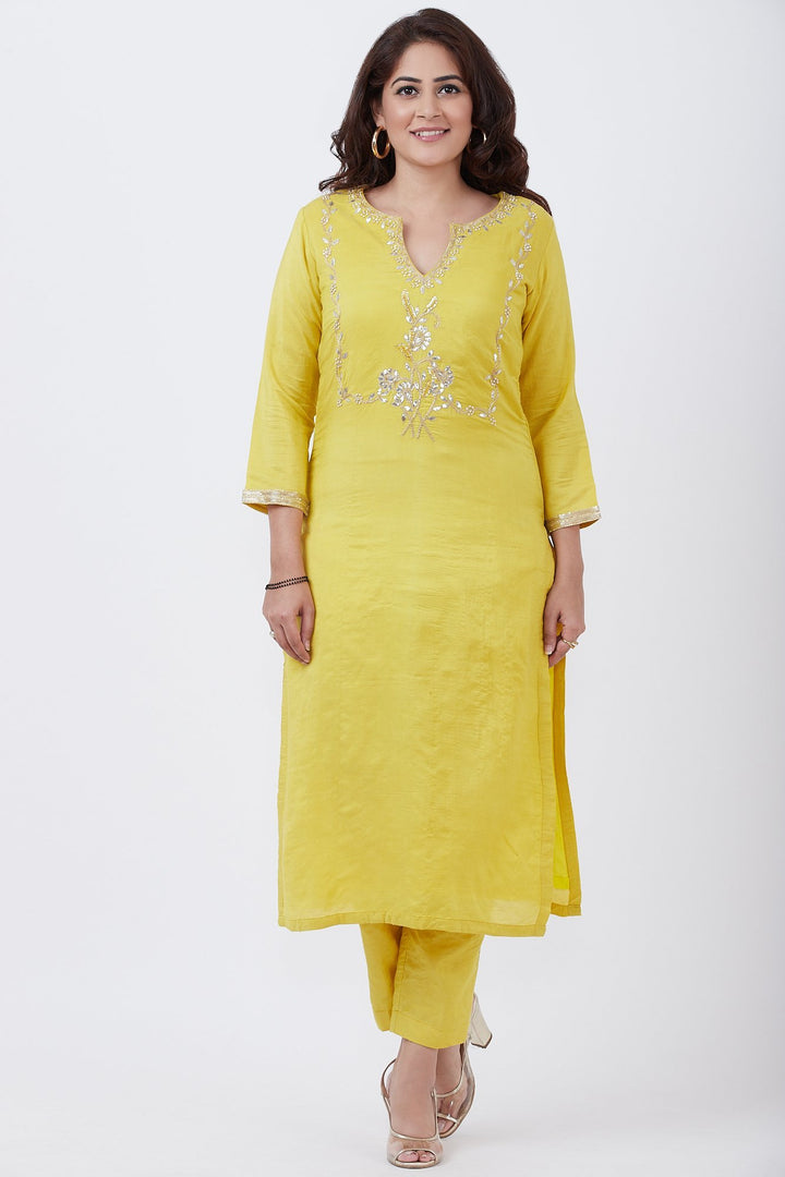 anokherang Combos Lime Yellow Gotta Embroidered Kurti with Straight Pants