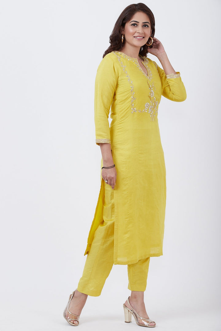 anokherang Combos Lime Yellow Gotta Embroidered Kurti with Straight Pants