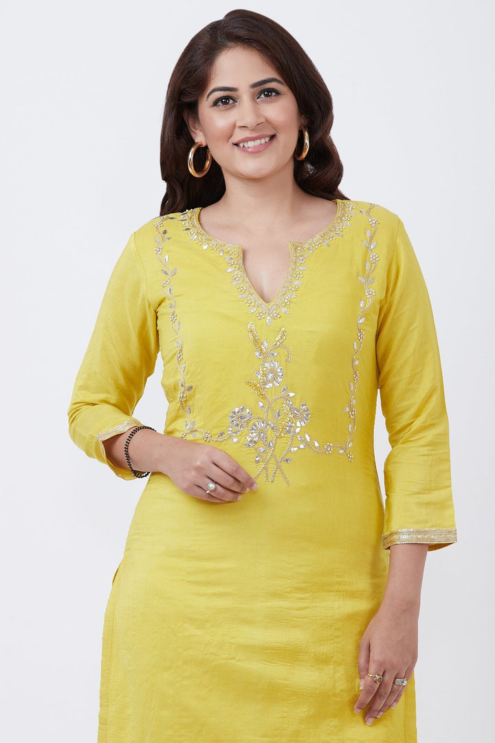 anokherang Combos Lime Yellow Gotta Embroidered Kurti with Straight Pants