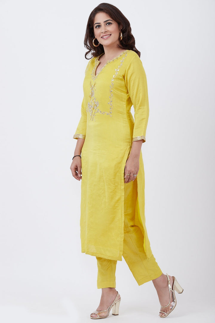 anokherang Combos Lime Yellow Gotta Embroidered Kurti with Straight Pants