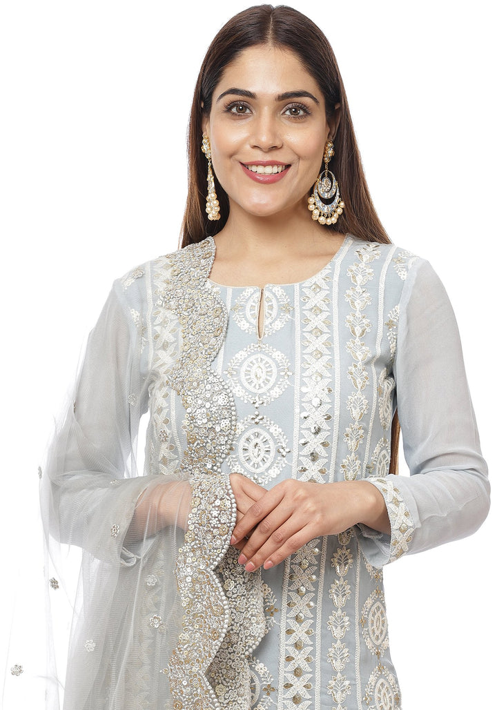 anokherang Combos Lucknowi Embroidered Grey Kurti with Straight Palazzo and Scalloped Dupatta