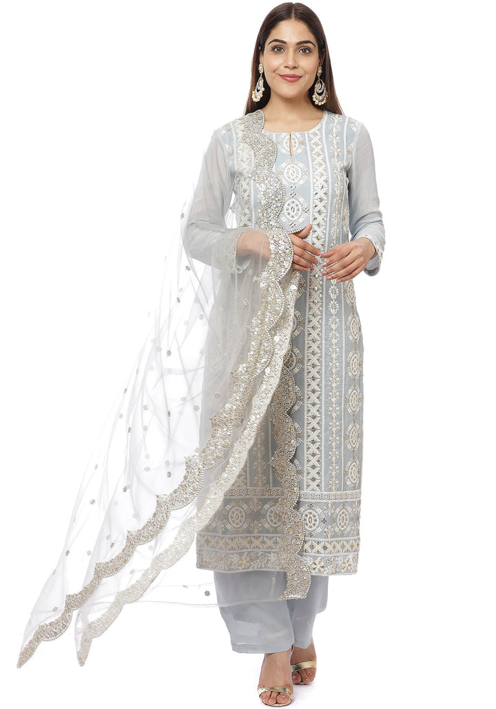 anokherang Combos Lucknowi Embroidered Grey Kurti with Straight Palazzo and Scalloped Dupatta
