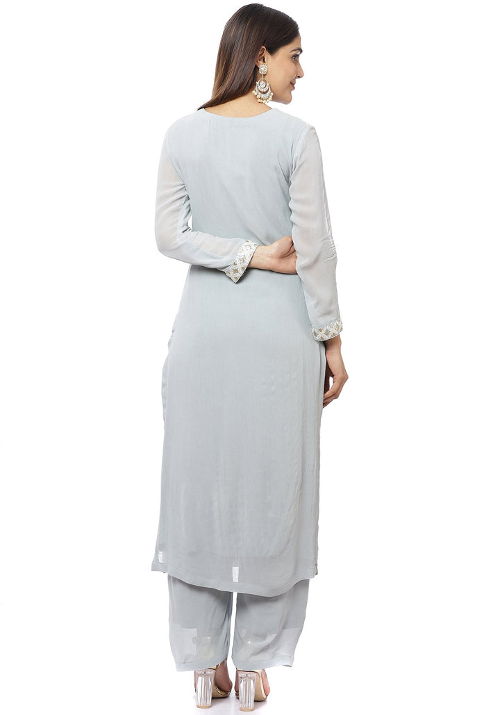 anokherang Combos Lucknowi Embroidered Grey Kurti with Straight Palazzo and Scalloped Dupatta