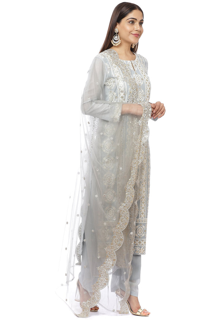 anokherang Combos Lucknowi Embroidered Grey Kurti with Straight Palazzo and Scalloped Dupatta