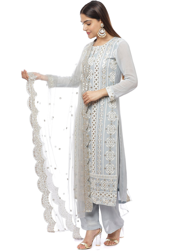 anokherang Combos Lucknowi Embroidered Grey Kurti with Straight Palazzo and Scalloped Dupatta