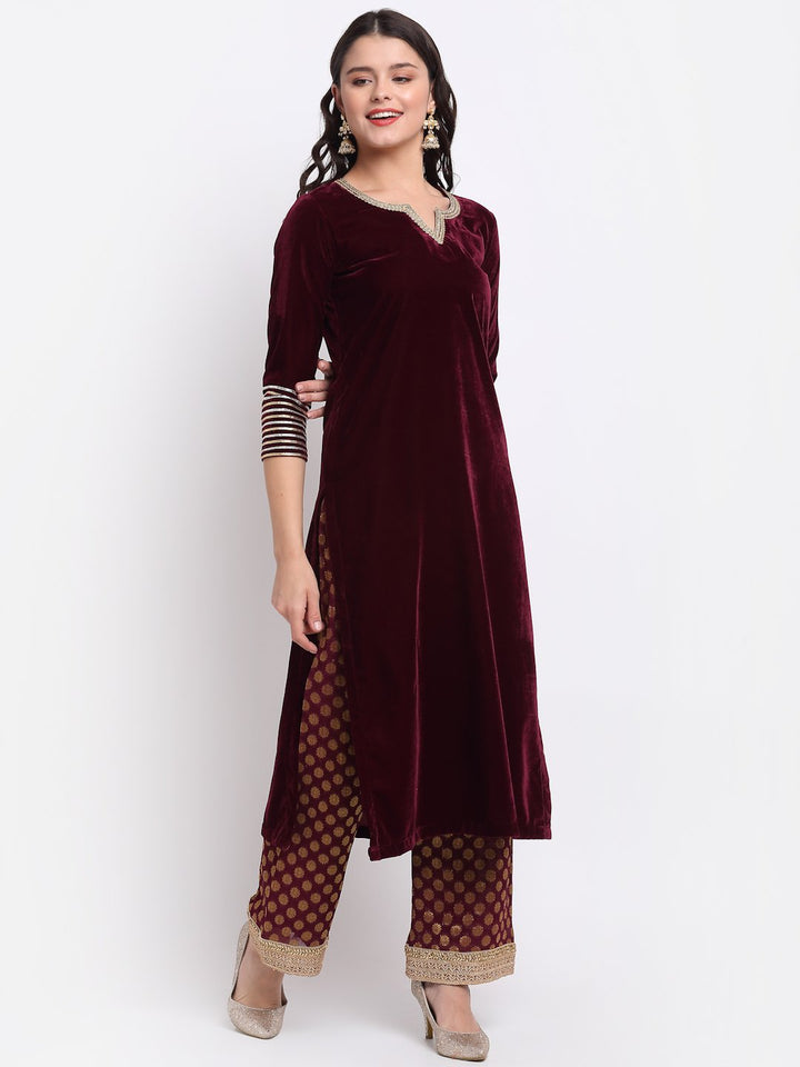 anokherang Combos Lush Wine Velvet Straight Kurti with Banarasi Palazzo
