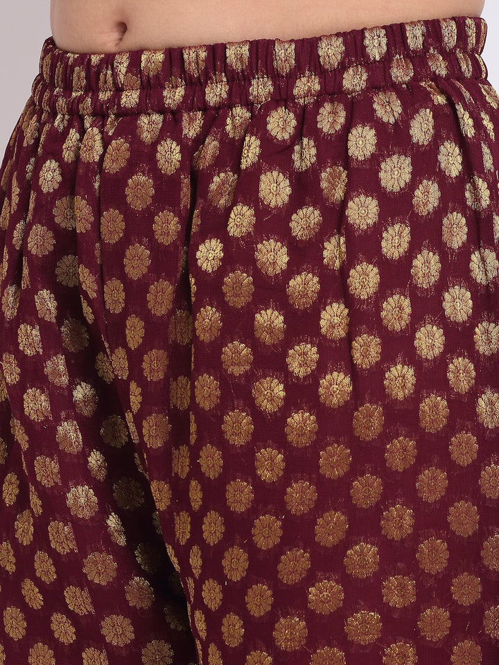 anokherang Combos Lush Wine Velvet Straight Kurti with Banarasi Palazzo