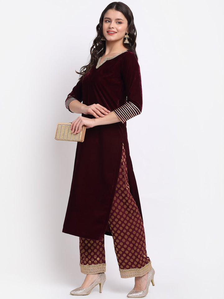 anokherang Combos Lush Wine Velvet Straight Kurti with Banarasi Palazzo