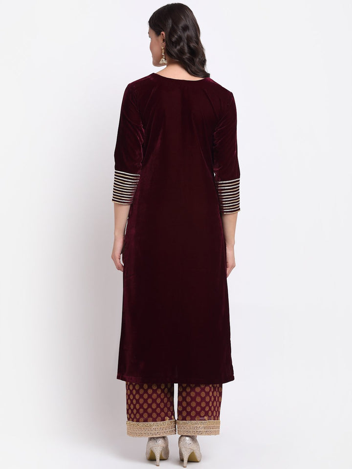 anokherang Combos Lush Wine Velvet Straight Kurti with Banarasi Palazzo