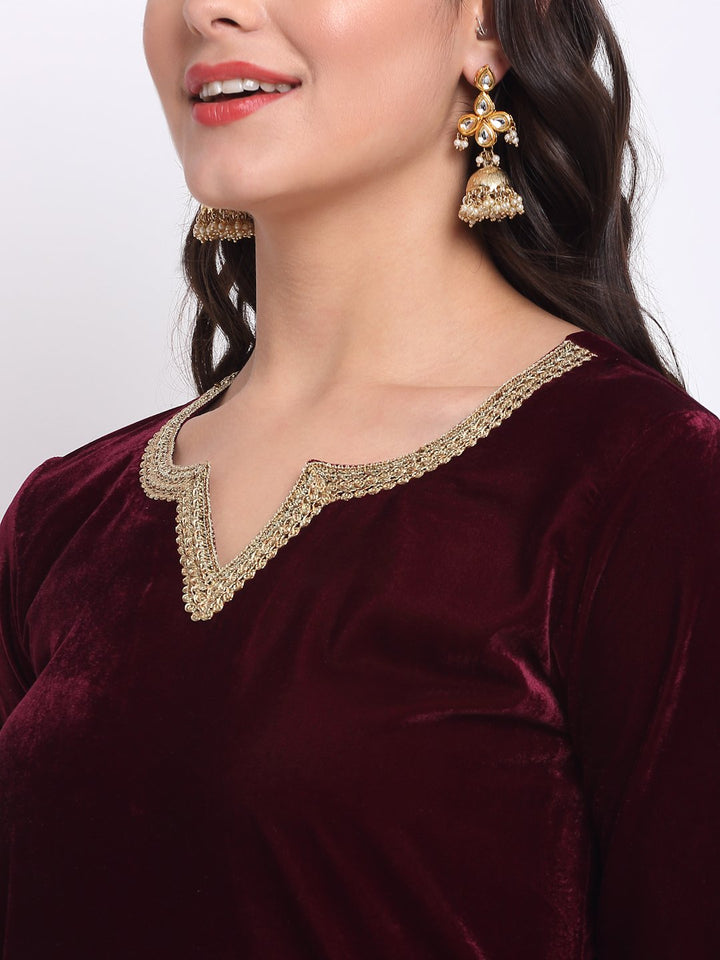 anokherang Combos Lush Wine Velvet Straight Kurti with Banarasi Palazzo