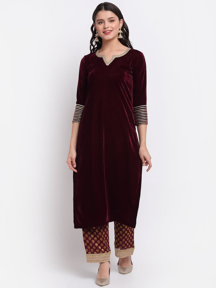anokherang Combos Lush Wine Velvet Straight Kurti with Banarasi Palazzo
