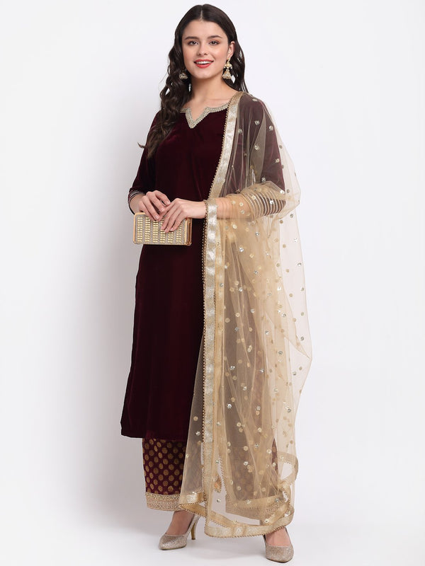 anokherang Combos Lush Wine Velvet Straight Kurti with Banarsi Palazzo and Sequin Dupatta