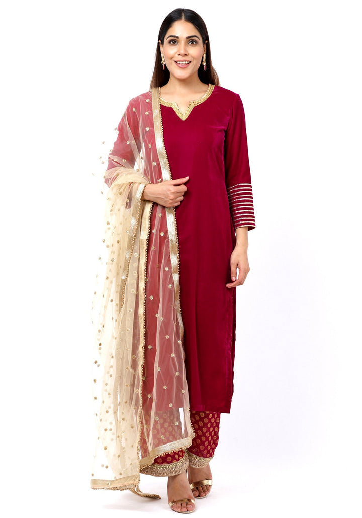 anokherang Combos Magenta Addict Velvet Kurti with Banarsi Palazzo and Net Sequenced Dupatta