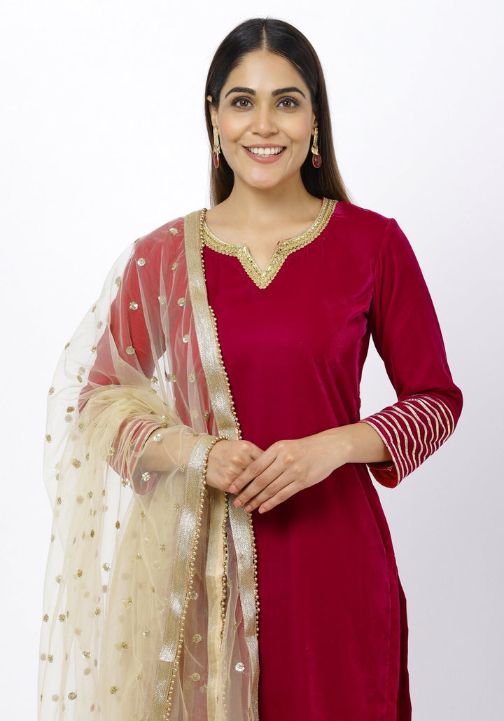 anokherang Combos Magenta Addict Velvet Kurti with Banarsi Palazzo and Net Sequenced Dupatta