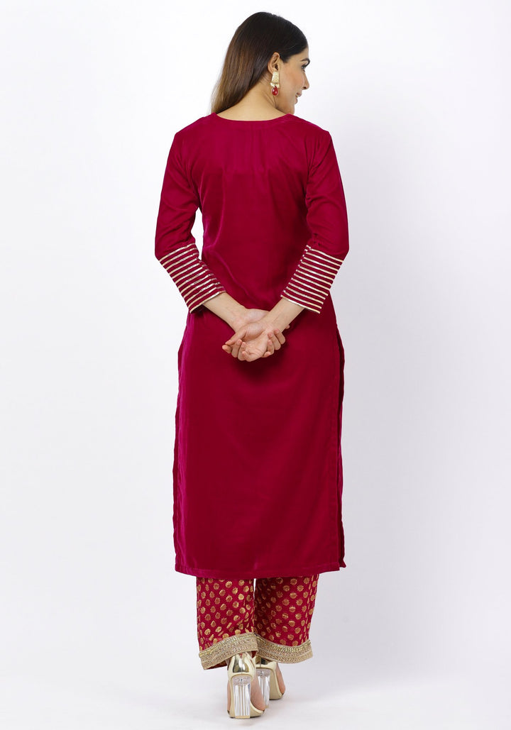 anokherang Combos Magenta Addict Velvet Kurti with Banarsi Palazzo and Net Sequenced Dupatta