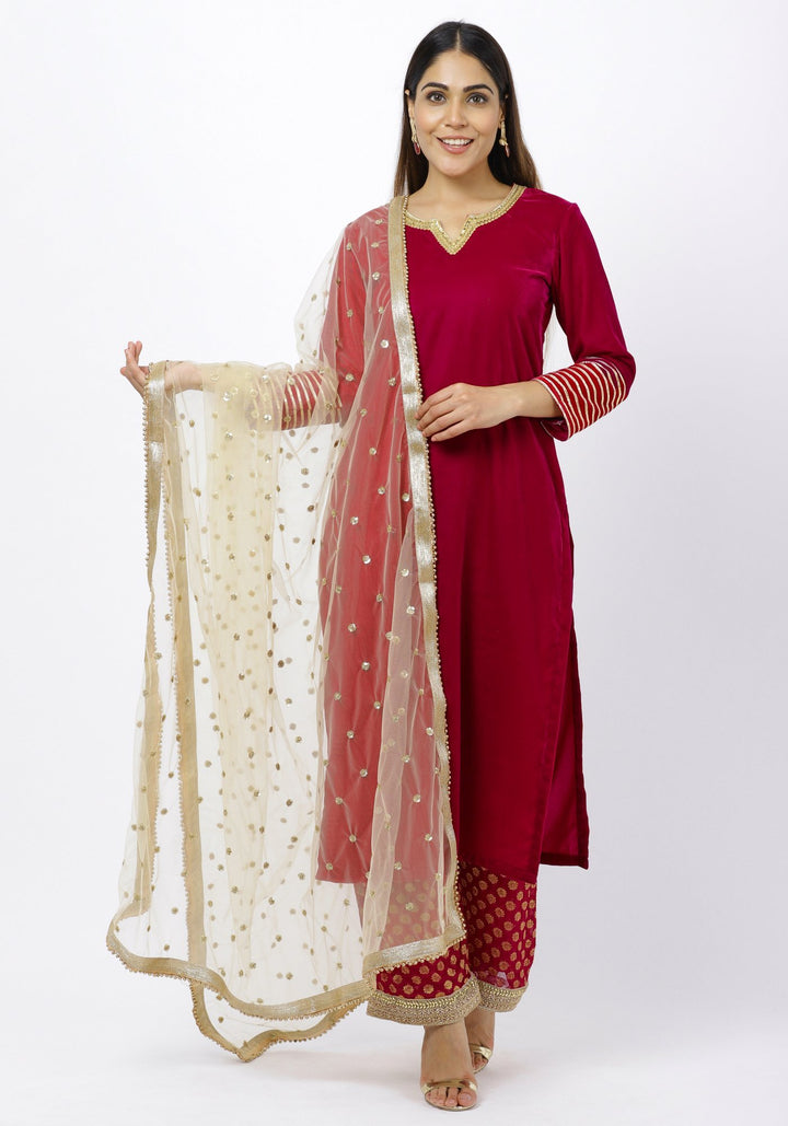 anokherang Combos Magenta Addict Velvet Kurti with Banarsi Palazzo and Net Sequenced Dupatta
