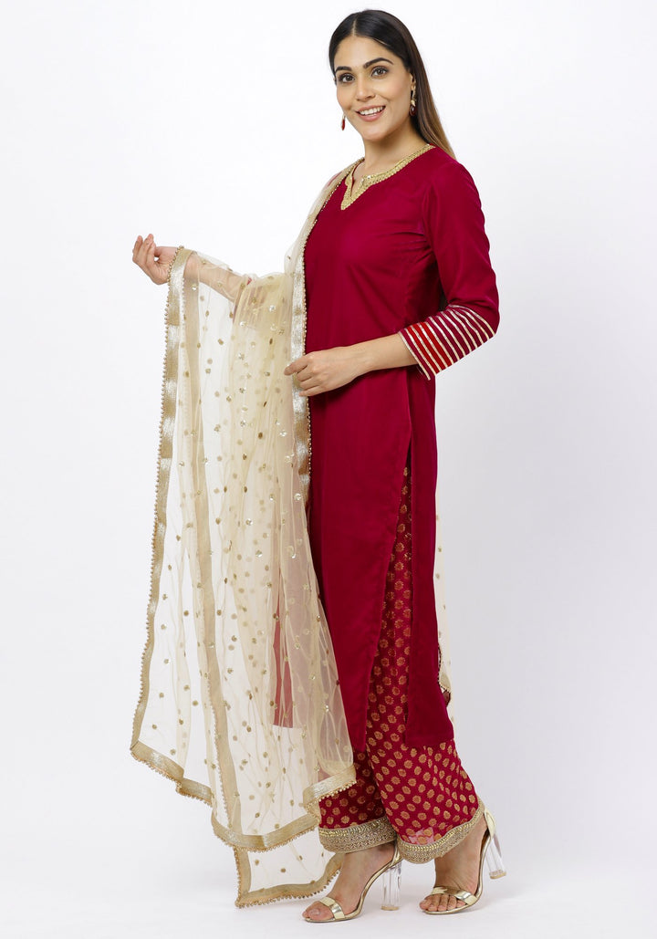 anokherang Combos Magenta Addict Velvet Kurti with Banarsi Palazzo and Net Sequenced Dupatta