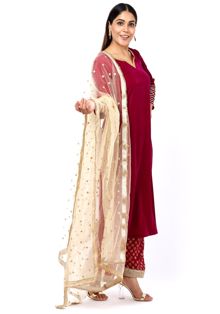 anokherang Combos Magenta Addict Velvet Kurti with Banarsi Palazzo and Net Sequenced Dupatta