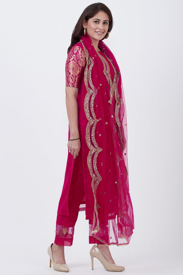 anokherang Combos Magenta Georgette Brocade Kurti with Pants and Embroidered Net Dupatta