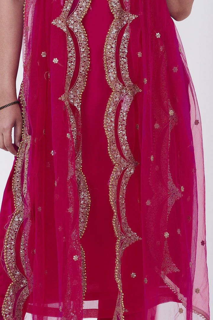 anokherang Combos Magenta Georgette Brocade Kurti with Pants and Embroidered Net Dupatta