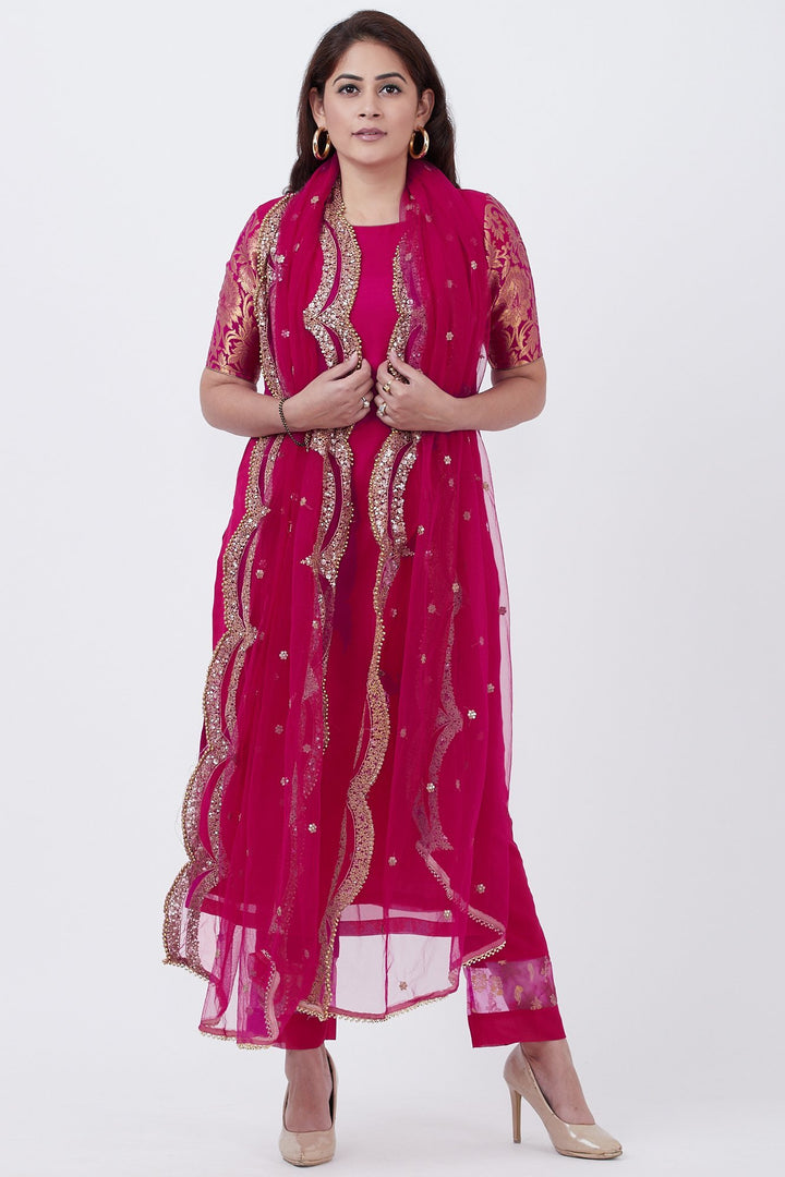 anokherang Combos Magenta Georgette Brocade Kurti with Pants and Embroidered Net Dupatta