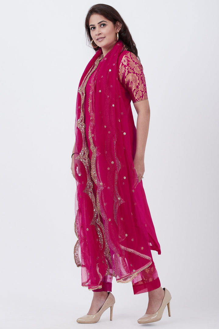 anokherang Combos Magenta Georgette Brocade Kurti with Pants and Embroidered Net Dupatta