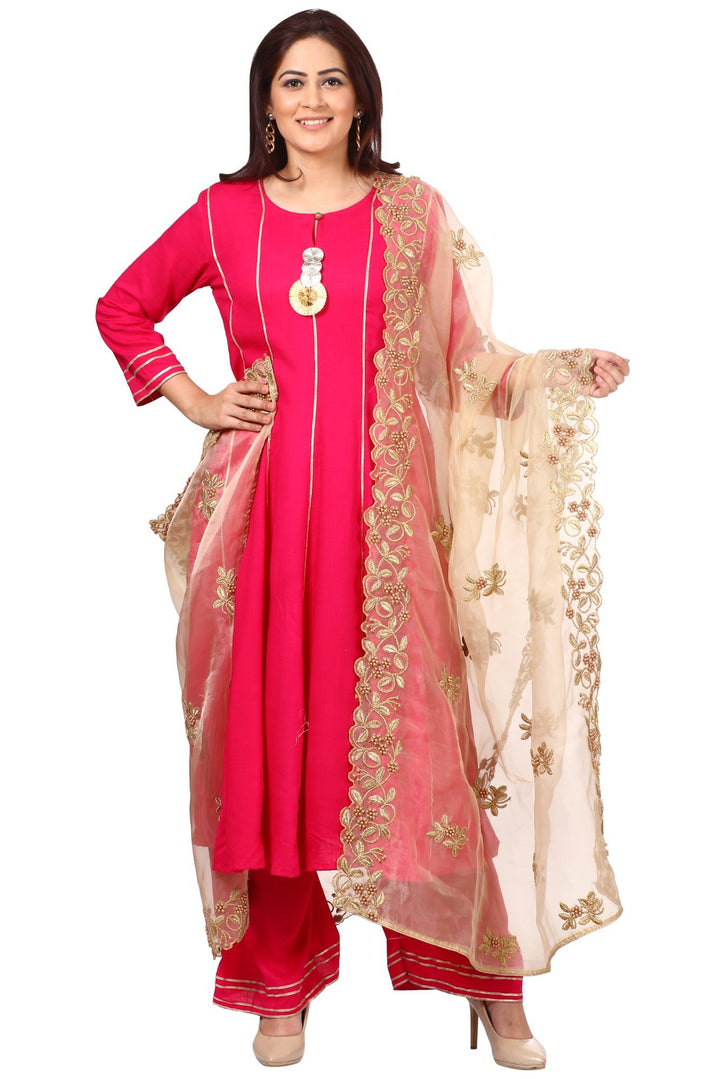 anokherang Combos Magenta Gota Anarkali with Straight Palazzos and Gold Thread and Pearl Dupatta